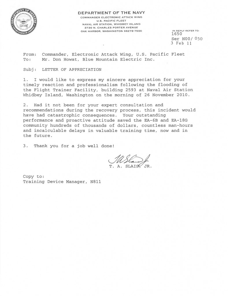 Letter of thanks from Commander, Electronic Attack Wing and Chugach